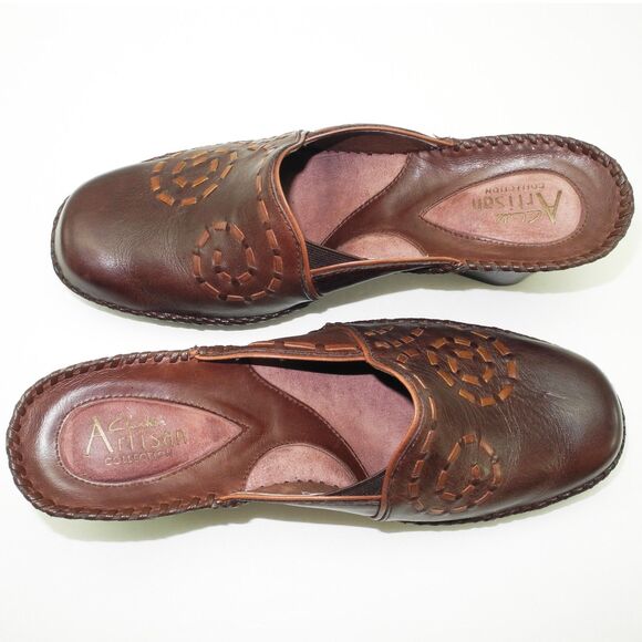 Clarks Artisan Brown Leather Wedge Mules Decorative Stitching - Women's Size 8.5 - Picture 8 of 9